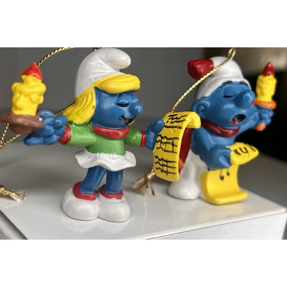 Set Of Vintage 1981 Schleich Smurf Christmas Caroler Ornament Pair Peyo Portugal